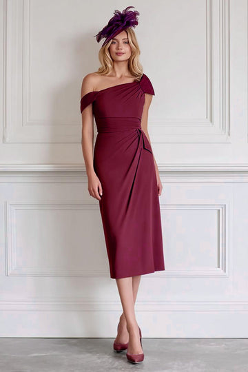 Off the Shoulder Burgundy Sheath Chiffon Long Mother of the Bride Dress